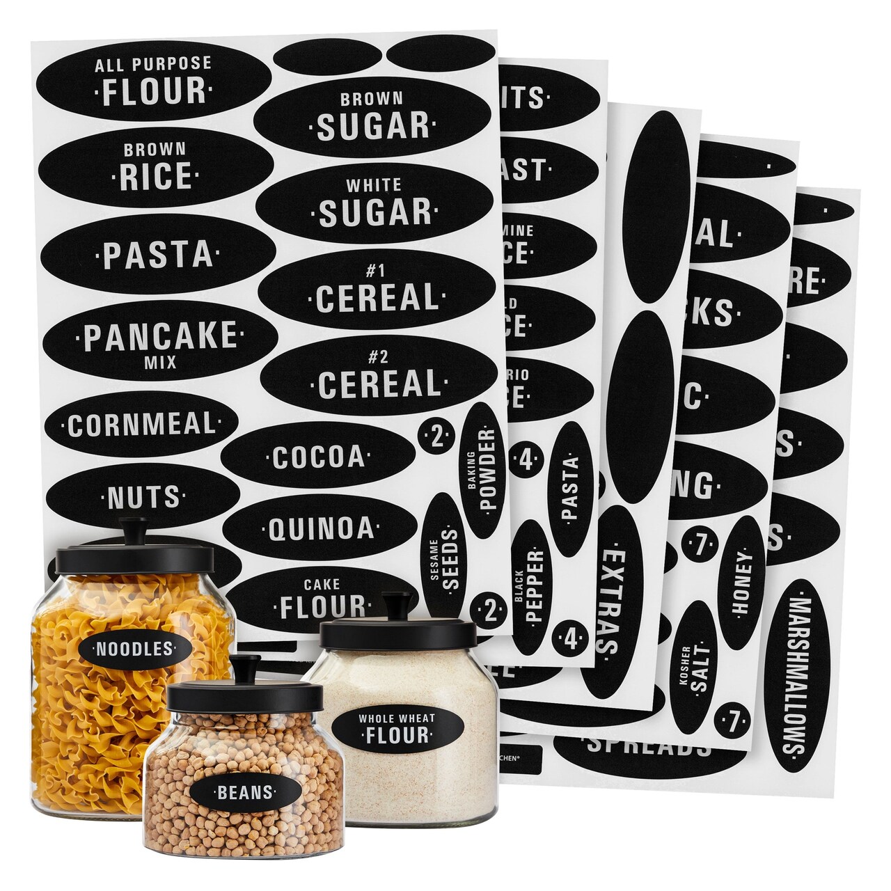 Talented Kitchen 158 Pieces Chalkboard Pantry Labels for Food Containers, Preprinted White All Caps on Black Stickers for Jars, Kitchen Canisters (Water Resistant)